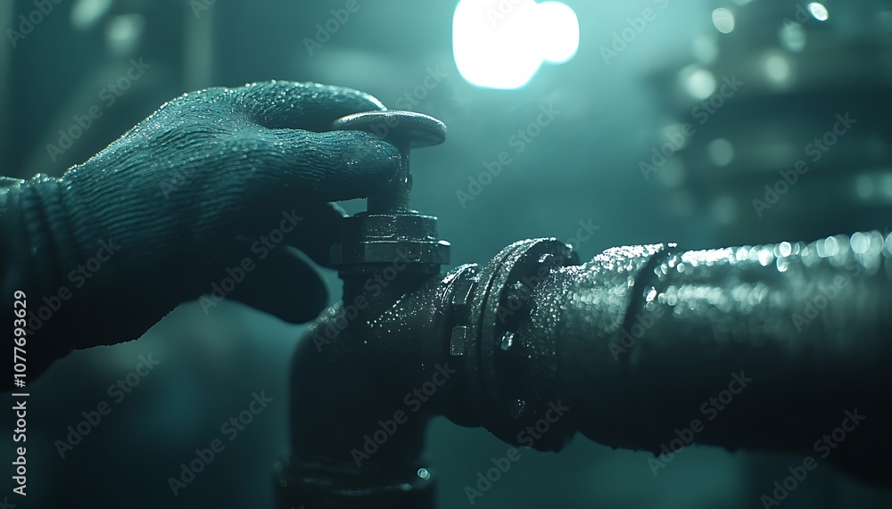 Poster a hand in gloves adjusts a valve on a pipe in a dimly lit environment, showcasing the importance of 