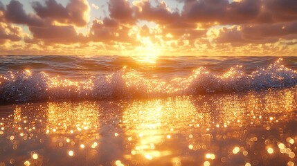 A serene sunset over ocean waves, reflecting golden light and creating a tranquil atmosphere.