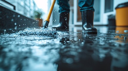 Person in rubber boots mopping a flooded floor, highlighting cleaning and water damage restoration.