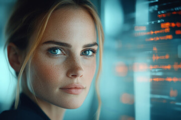 Fototapeta premium Portrait of a woman with a focused expression in a tech environment.