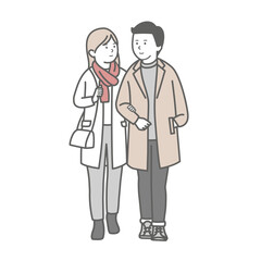 冬服で腕を組む若いカップルのイラスト