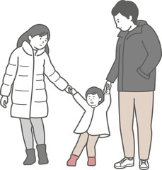 幼い子供と手を繋ぐ冬服の3人家族のイラスト
