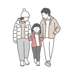 子供と手を繋ぐ冬服の3人家族のイラスト