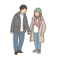 手を繋ぐ冬服のカップルのイラスト