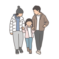 子供と手を繋ぐ冬服の3人家族のイラスト