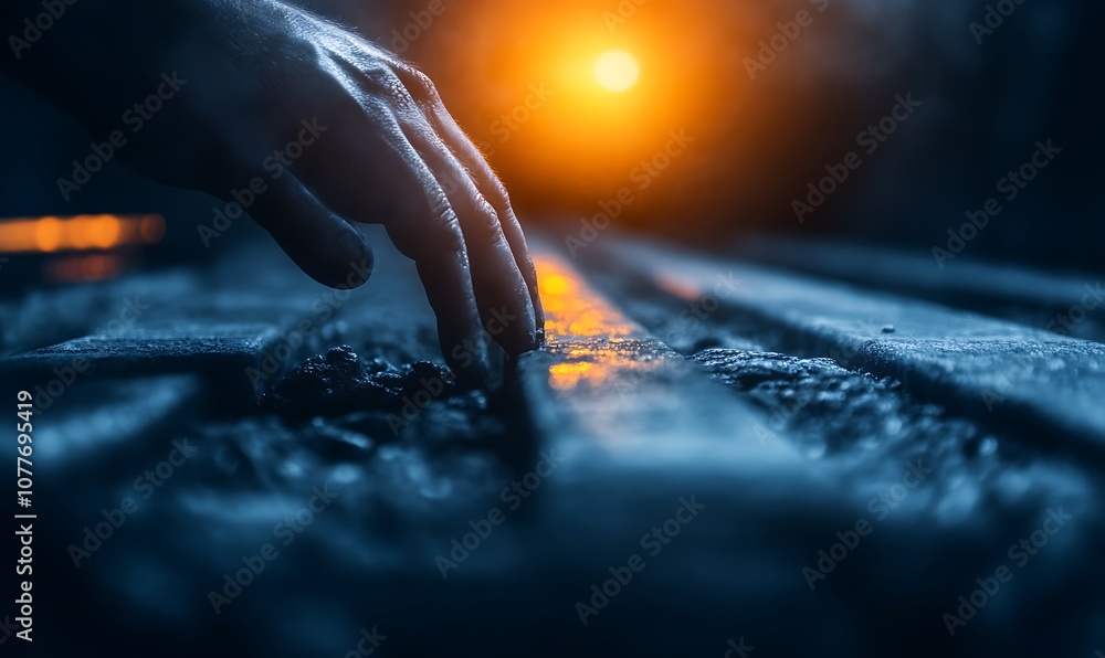 Leinwandbilder a close-up of a hand gently touching a textured surface, illuminated by a warm sunset glow, creating