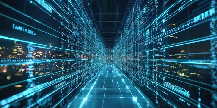 A futuristic scene of digital AI systems analyzing big data in real-time, with glowing data streams and AI algorithms running across the screen.