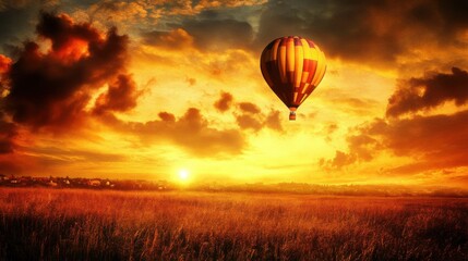 Obraz premium Warm Sunset with Hot Air Balloon in Open Field