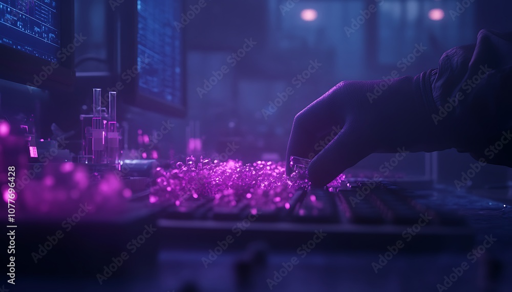 Fototapete A close-up view of a hand typing on a keyboard surrounded by glowing purple elements, creating a futuristic, digital atmosphere.