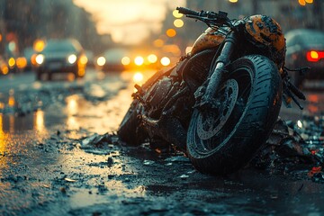 Broken motorcycle after traffic accident crash on urban street. Damaged motorbike on asphalt road, personal injury insurance claim concept. 