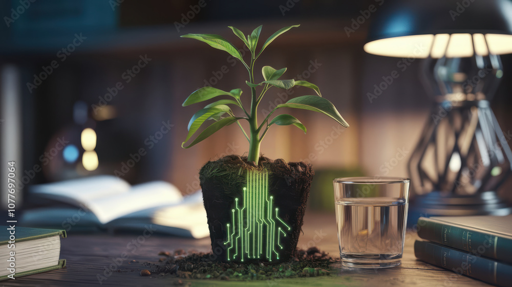 Poster realistic medium shot of growing plant with glowing circuit patterns, symbolizing fusion of nature a
