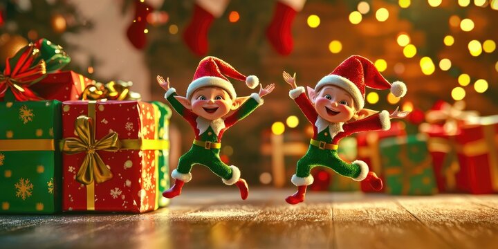 A humorous Christmas scene with goofy elves dancing and oversized presents, creating a fun and lighthearted holiday atmosphere.