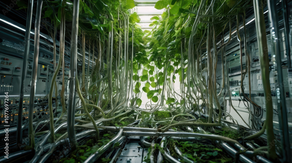 Aufkleber innovative high tech plant roots forming complex circuits in futuristic environment. lush greenery i