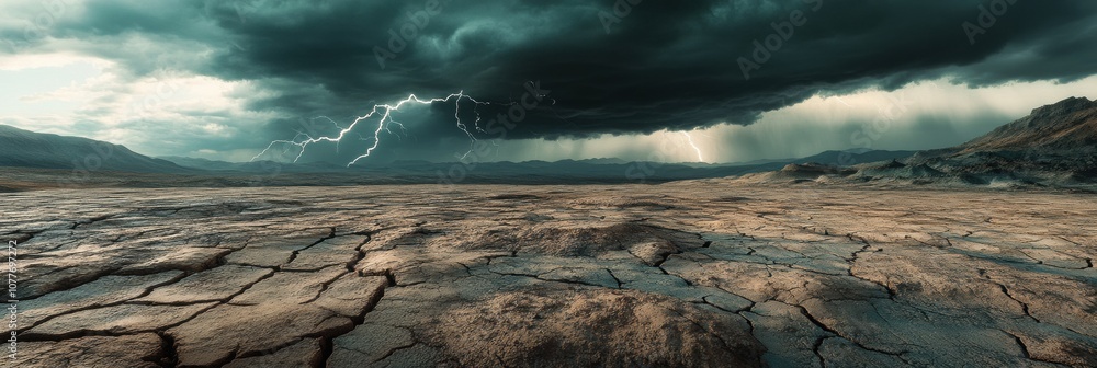 Poster Dark clouds gather above the parched earth, while flashes of lightning streak through the sky, foreshadowing a dramatic weather change. Generative AI