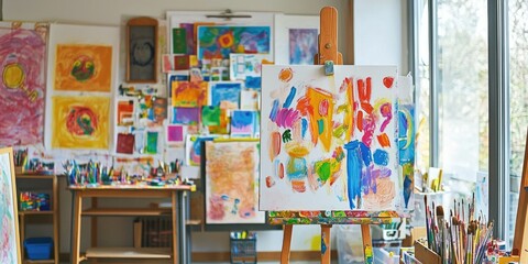 A kidâ€™s artwork displayed on a wall or easel, showcasing their creative expression.