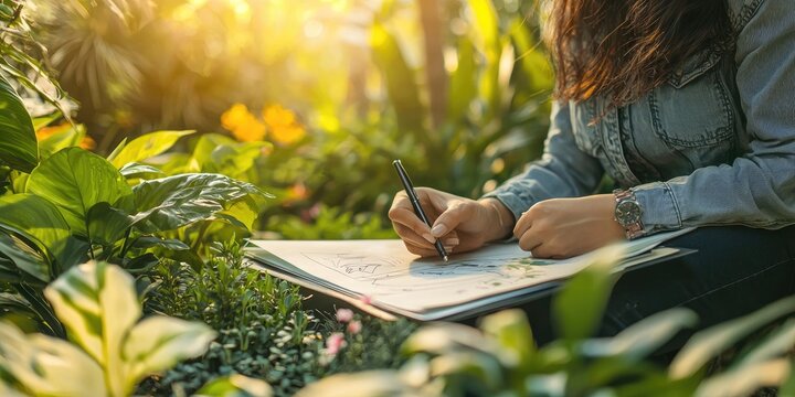 A landscape designer planning and sketching garden layouts and outdoor spaces.