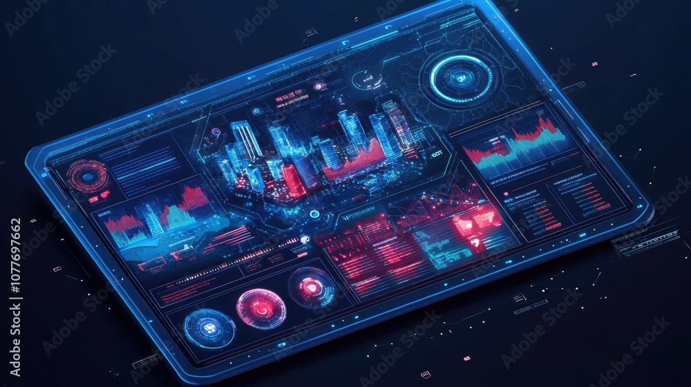 Poster futuristic interface displaying cityscape and data analytics