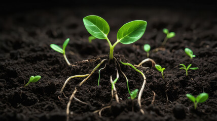 tiny green sprout emerges from dark soil, showcasing vibrant leaves and intricate roots, symbolizing growth and renewal in nature