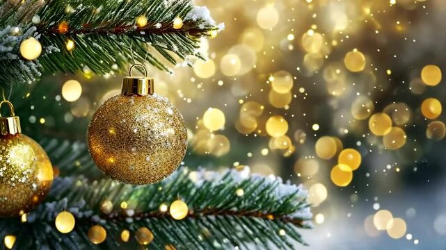 Golden Christmas ornaments hang on a snowy evergreen branch with soft, warm lights creating a cozy holiday feel.