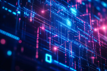 This digital background is ideal for various applications such as tech processes, neural networks, artificial intelligence, data transfer, security, digital storage, multimedia presentations, scientif