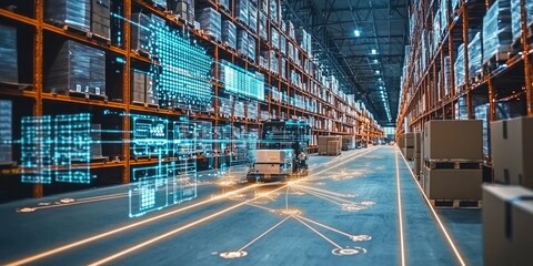 Obraz premium A logistic center equipped with state-of-the-art technology for managing and tracking shipments and inventory.