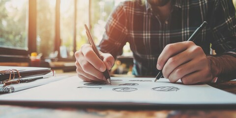 A logo designer sketching logo ideas and experimenting with typography on a notepad.