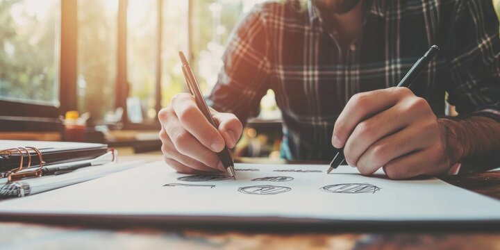 A logo designer sketching logo ideas and experimenting with typography on a notepad.