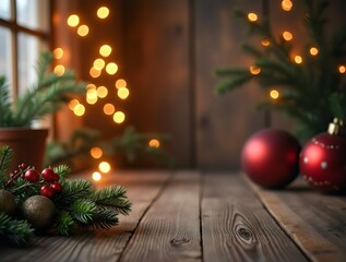 Cozy Christmas Interior for Holiday Banners and Posters – Rustic Festive Decor with Pine Branches and Ornaments	
