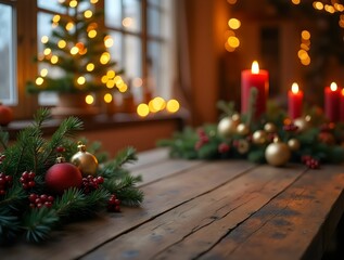 Cozy Christmas Interior for Holiday Banners and Posters – Rustic Festive Decor with Pine Branches and Ornaments	
