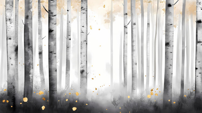 Watercolor birch forest scene in monochrome with touches of gold for artistic use. Monochrome. Illustration