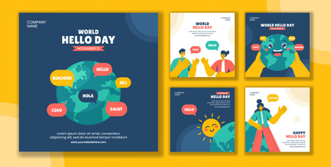World Hello Day Celebration Flat Cartoon Social Media Post Template Illustration © denayune