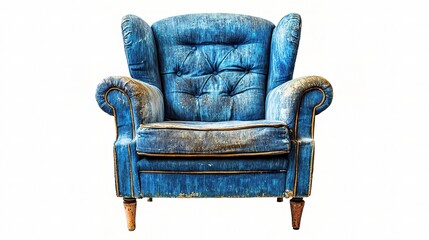 Vintage Blue Upholstered Armchair from the Sixties with Retro Design Elements, Showcasing Distressed Fabric and Timeless Charm