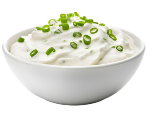 A bowl of sour cream with green onion on transparent background