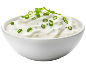 A bowl of sour cream with green onion on transparent background
