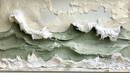 Obraz premium Textured waves in shades of green and white create dynamic ocean scene, showcasing beauty of nature through layered paint techniques and abstract forms