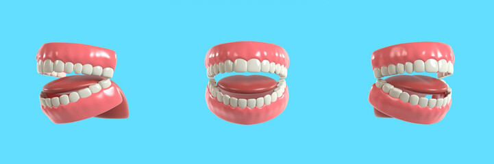 Set of Stylized Jaw with Teeth and Tongue 3D Illustration for Dental Health Concept