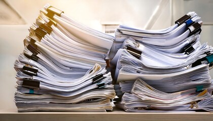 Pile or stack of many papers, paperwork documents, bureaucracy, messy finance report and acc