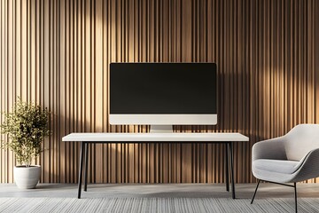 A modern office space with a sleek computer monitor on a white desk in front of a wood slat wall. A comfy armchair sits in the corner, and a potted plant adds a touch of greenery.