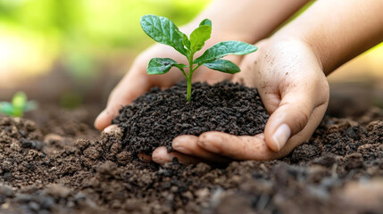 person gently holding small plant in soil, symbolizing growth and sustainability. This represents environmental care and nurturing nature