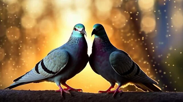 Valentine's Day background, two pigeons create a heart against the sunset, a metaphor for love and connection, their silhouettes a symbol of peaceful companionship.