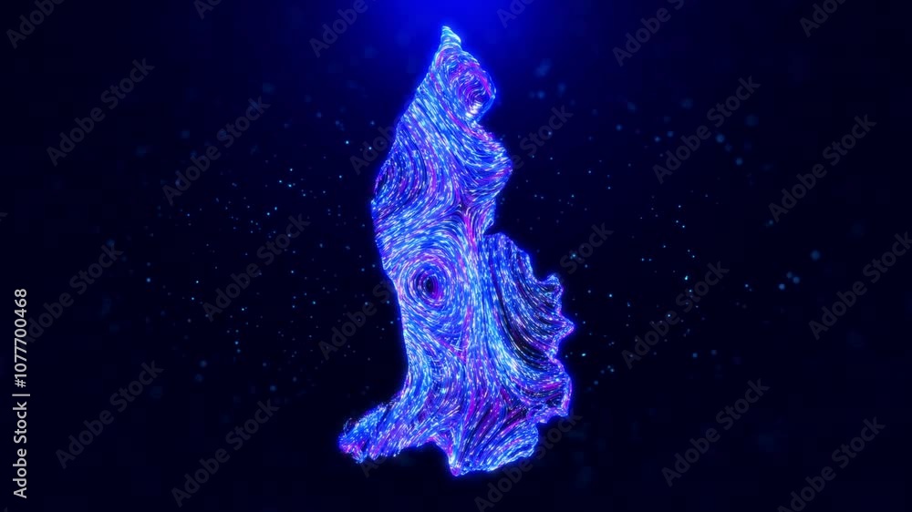Poster abstract motion view liechtenstein map design, featuring glowing blue hairlines, dynamic flowing pat