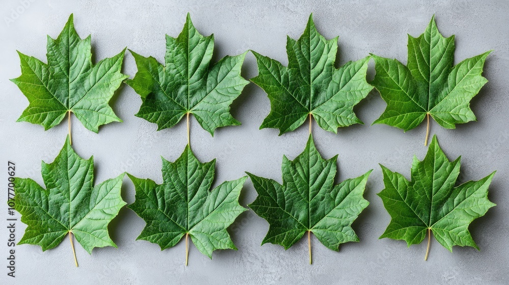 Poster eight green maple leaves arranged in two rows on a grey background