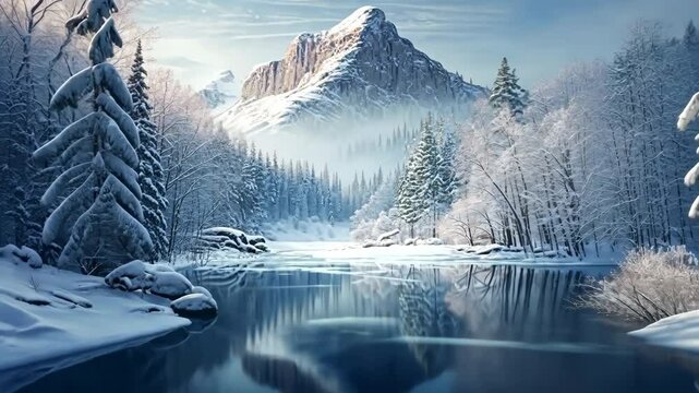 Winter Wonderland background. The serene beauty of a snow-covered forest landscape by a crystalline river. Chilly Splendor