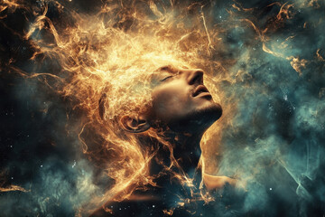 A person surrounded by swirling fiery energy, gazing upwards with an expression of awe in a cosmic setting.