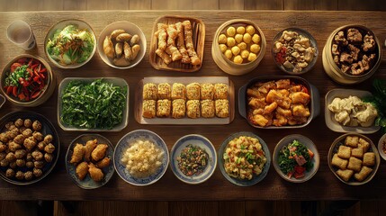 Assortment of chinese food on wooden table. chinese food. Ultra realistic. Photorealistic hypermaximalist advertising photography hyper realistic fine detail