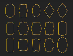 Set of gold line frames and borders with double stroke. Collection of vertical blank templates to text decoration. Vector illustration on dark background