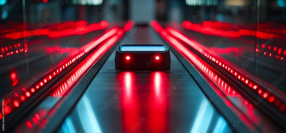 Aufkleber A small, dark object sits on a moving walkway with red lights on the sides, illuminated by the red lights.