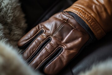 Close-up of a brown leather glove with stitching detail