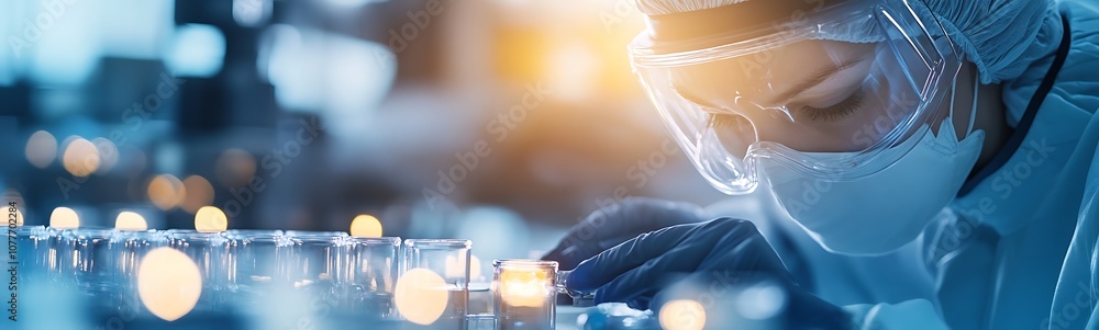 Poster a focused scientist examines glass vials in a laboratory, highlighting a commitment to precision and
