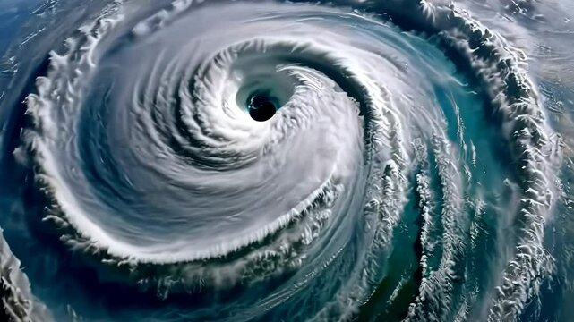 A massive hurricane from space shows nature's fierce power over Earth. The eye of the storm looms large, surrounded by swirling cloud bands